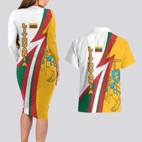 Lithuania Flag Colors Couples Matching Long Sleeve Bodycon Dress and Hawaiian Shirt with Vytis Knight Design and Bold Lightning Motif - Wonder Print Shop