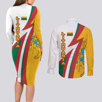 Lithuania Flag Colors Couples Matching Long Sleeve Bodycon Dress and Long Sleeve Button Shirt with Vytis Knight Design and Bold Lightning Motif - Wonder Print Shop