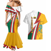 Lithuania Flag Colors Couples Matching Mermaid Dress and Hawaiian Shirt with Vytis Knight Design and Bold Lightning Motif - Wonder Print Shop