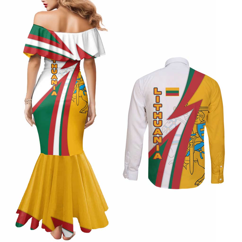 Lithuania Flag Colors Couples Matching Mermaid Dress and Long Sleeve Button Shirt with Vytis Knight Design and Bold Lightning Motif - Wonder Print Shop