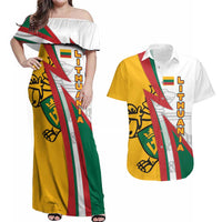 Lithuania Flag Colors Couples Matching Off Shoulder Maxi Dress and Hawaiian Shirt with Vytis Knight Design and Bold Lightning Motif - Wonder Print Shop