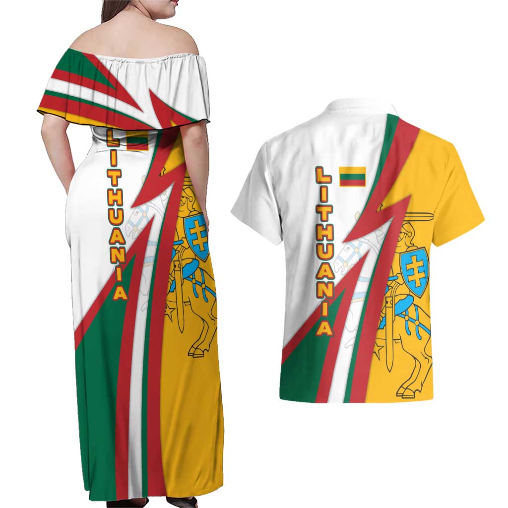 Lithuania Flag Colors Couples Matching Off Shoulder Maxi Dress and Hawaiian Shirt with Vytis Knight Design and Bold Lightning Motif - Wonder Print Shop