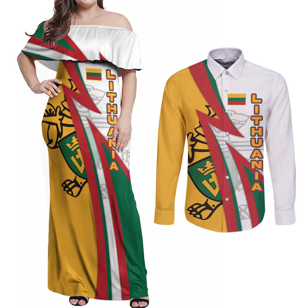 Lithuania Flag Colors Couples Matching Off Shoulder Maxi Dress and Long Sleeve Button Shirt with Vytis Knight Design and Bold Lightning Motif - Wonder Print Shop