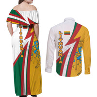 Lithuania Flag Colors Couples Matching Off Shoulder Maxi Dress and Long Sleeve Button Shirt with Vytis Knight Design and Bold Lightning Motif - Wonder Print Shop