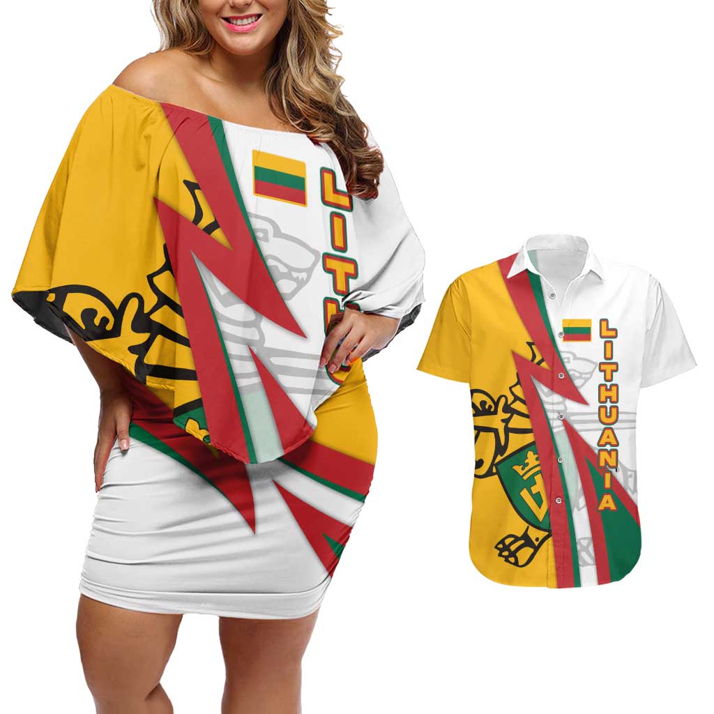 Lithuania Flag Colors Couples Matching Off Shoulder Short Dress and Hawaiian Shirt with Vytis Knight Design and Bold Lightning Motif - Wonder Print Shop