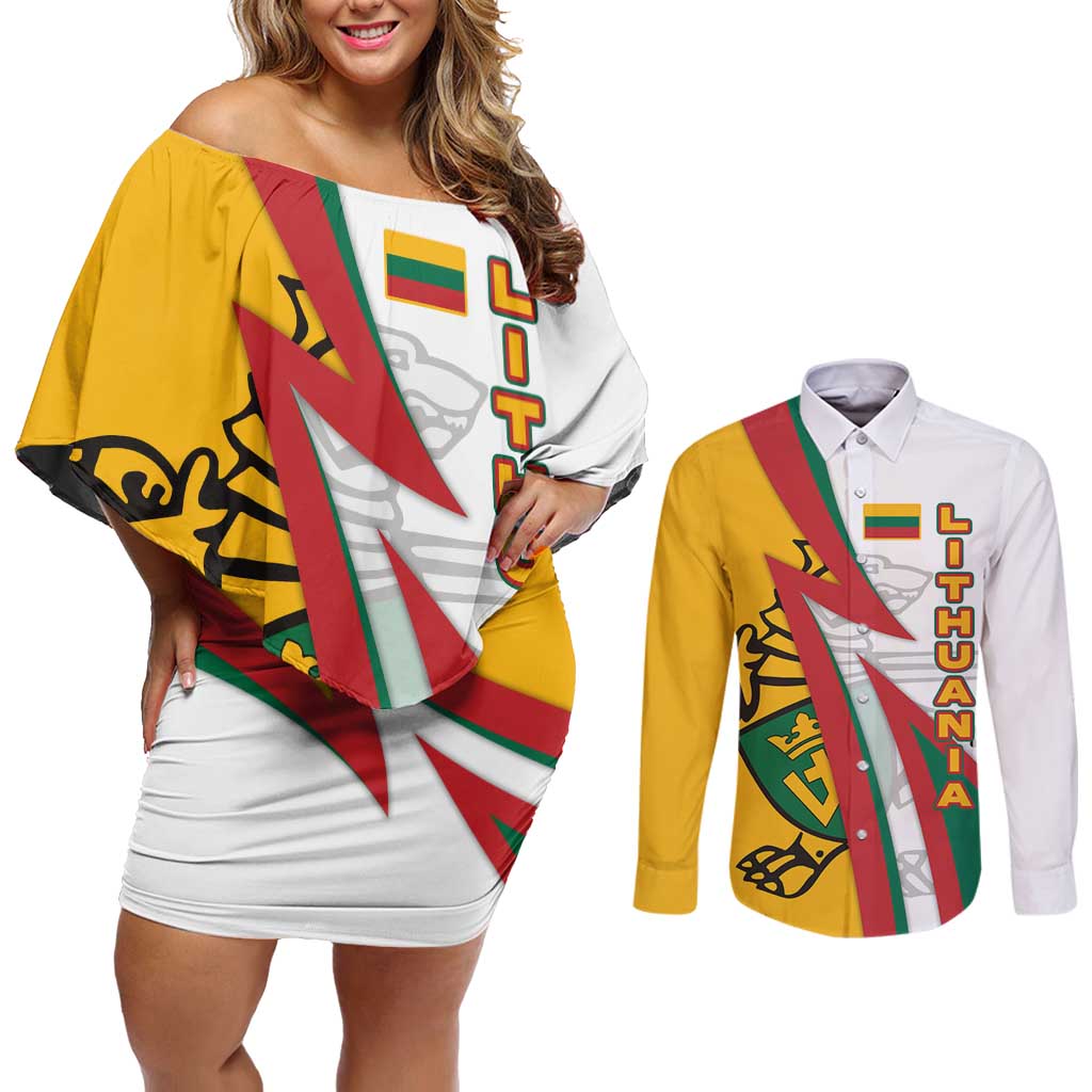 Lithuania Flag Colors Couples Matching Off Shoulder Short Dress and Long Sleeve Button Shirt with Vytis Knight Design and Bold Lightning Motif - Wonder Print Shop