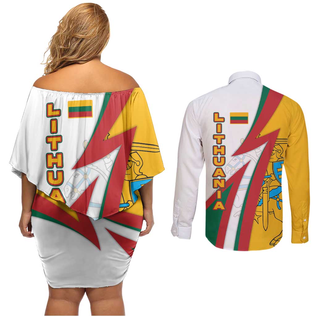 Lithuania Flag Colors Couples Matching Off Shoulder Short Dress and Long Sleeve Button Shirt with Vytis Knight Design and Bold Lightning Motif - Wonder Print Shop