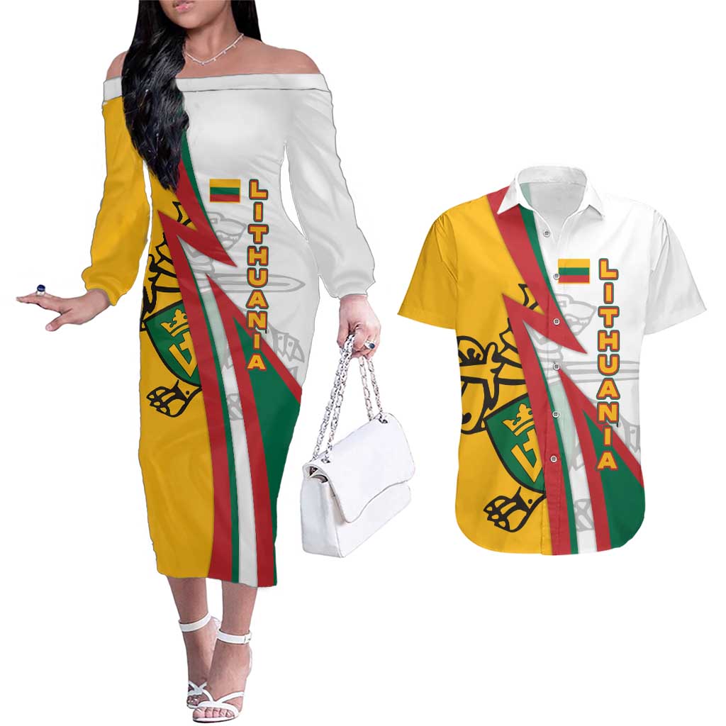Lithuania Flag Colors Couples Matching Off The Shoulder Long Sleeve Dress and Hawaiian Shirt with Vytis Knight Design and Bold Lightning Motif - Wonder Print Shop