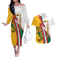 Lithuania Flag Colors Couples Matching Off The Shoulder Long Sleeve Dress and Hawaiian Shirt with Vytis Knight Design and Bold Lightning Motif - Wonder Print Shop