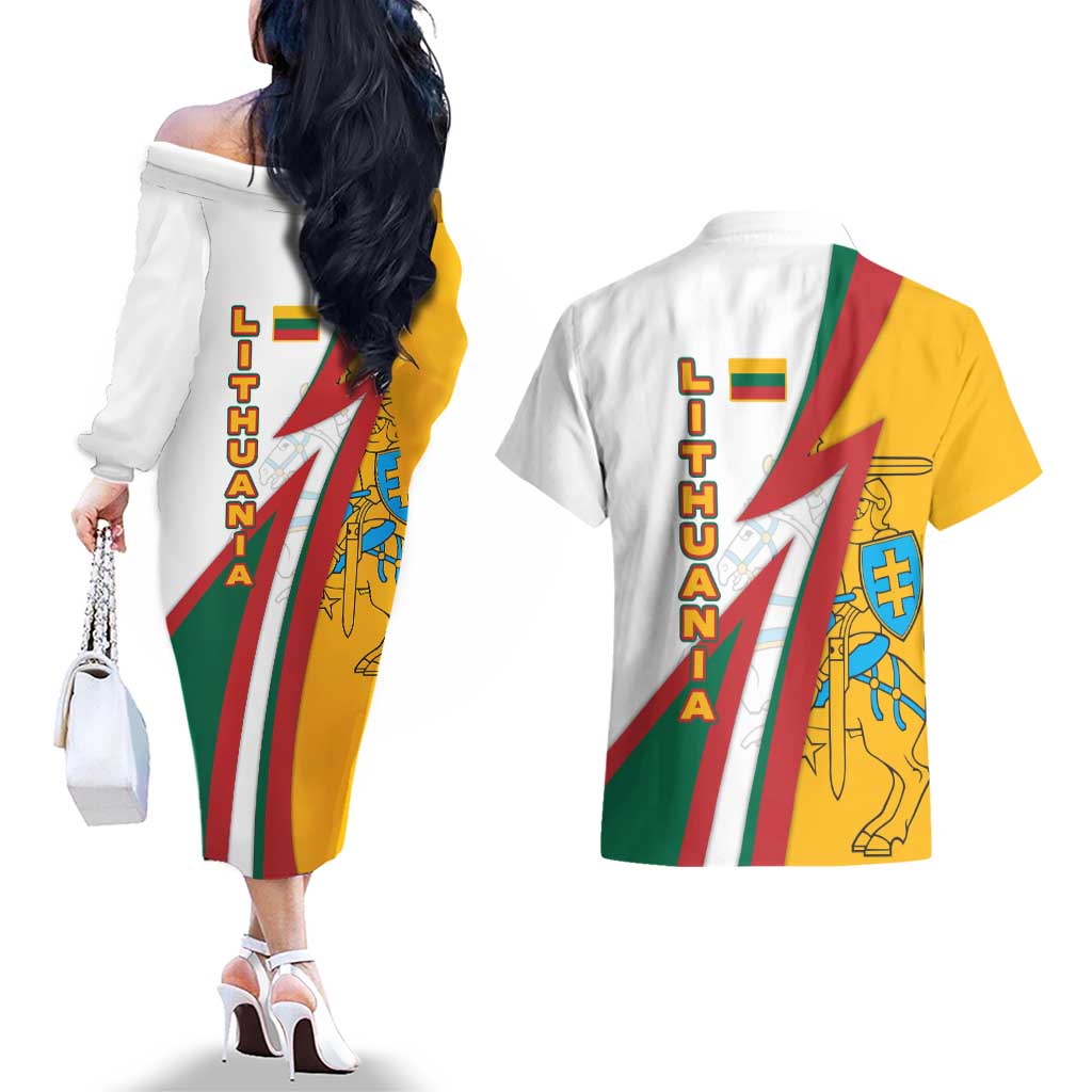 Lithuania Flag Colors Couples Matching Off The Shoulder Long Sleeve Dress and Hawaiian Shirt with Vytis Knight Design and Bold Lightning Motif - Wonder Print Shop