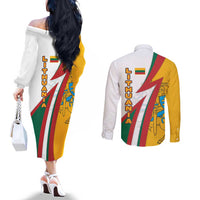 Lithuania Flag Colors Couples Matching Off The Shoulder Long Sleeve Dress and Long Sleeve Button Shirt with Vytis Knight Design and Bold Lightning Motif - Wonder Print Shop