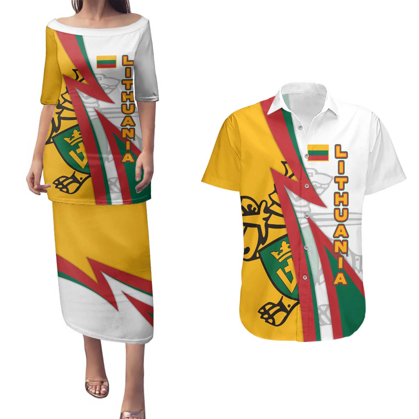 Lithuania Flag Colors Couples Matching Puletasi and Hawaiian Shirt with Vytis Knight Design and Bold Lightning Motif - Wonder Print Shop