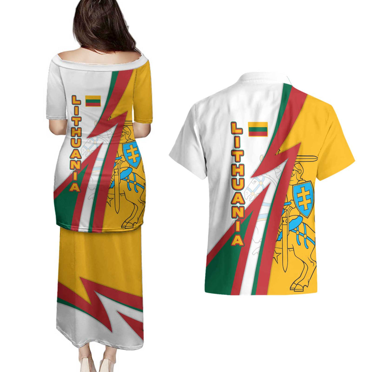 Lithuania Flag Colors Couples Matching Puletasi and Hawaiian Shirt with Vytis Knight Design and Bold Lightning Motif - Wonder Print Shop