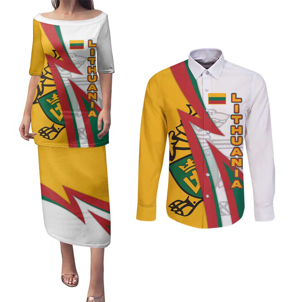 Lithuania Flag Colors Couples Matching Puletasi and Long Sleeve Button Shirt with Vytis Knight Design and Bold Lightning Motif - Wonder Print Shop