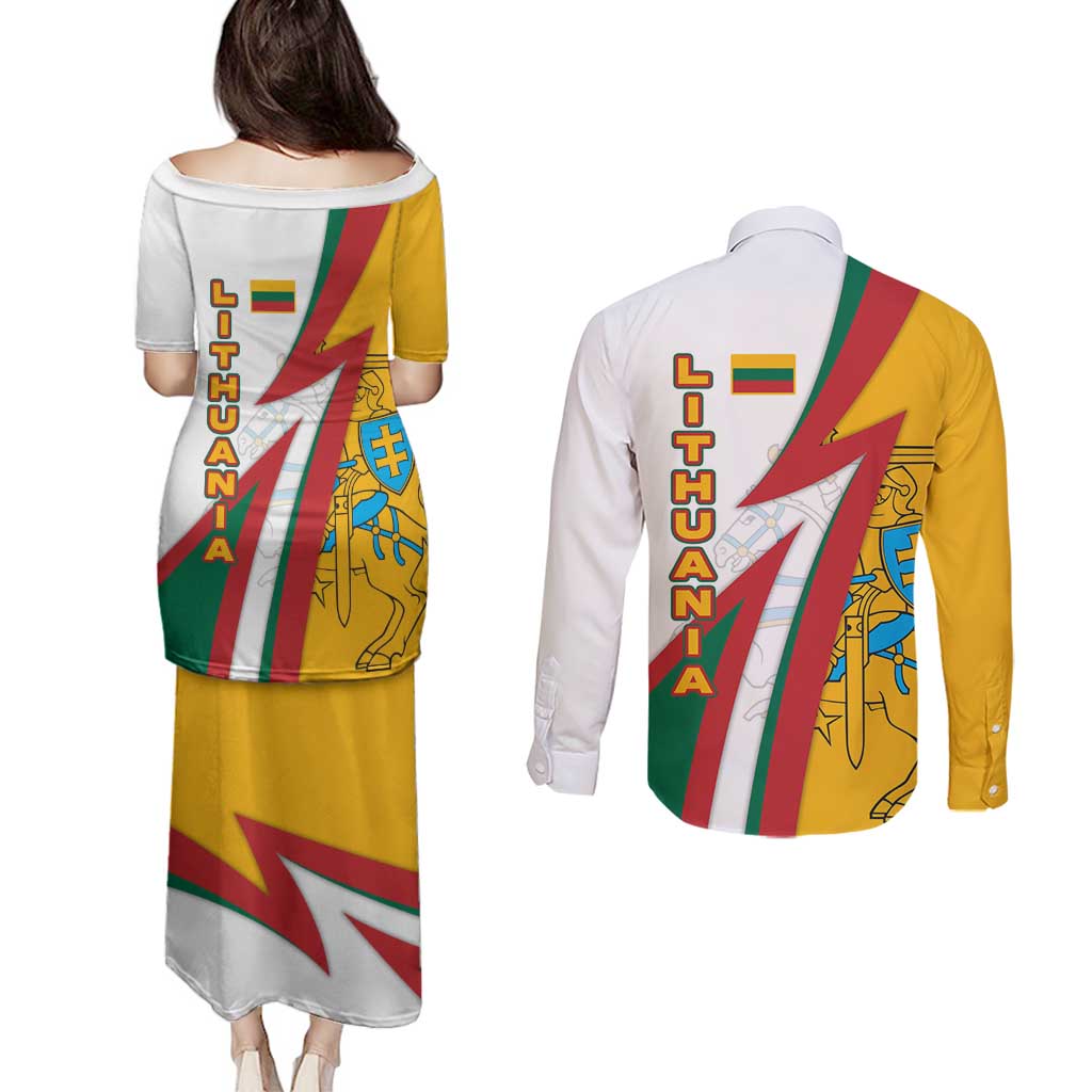 Lithuania Flag Colors Couples Matching Puletasi and Long Sleeve Button Shirt with Vytis Knight Design and Bold Lightning Motif - Wonder Print Shop