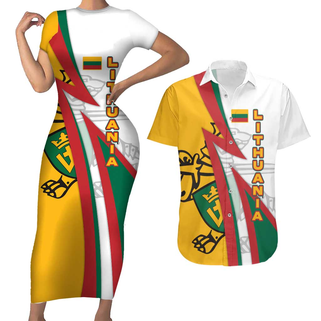 Lithuania Flag Colors Couples Matching Short Sleeve Bodycon Dress and Hawaiian Shirt with Vytis Knight Design and Bold Lightning Motif - Wonder Print Shop