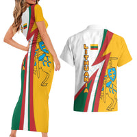 Lithuania Flag Colors Couples Matching Short Sleeve Bodycon Dress and Hawaiian Shirt with Vytis Knight Design and Bold Lightning Motif - Wonder Print Shop