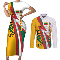 Lithuania Flag Colors Couples Matching Short Sleeve Bodycon Dress and Long Sleeve Button Shirt with Vytis Knight Design and Bold Lightning Motif - Wonder Print Shop