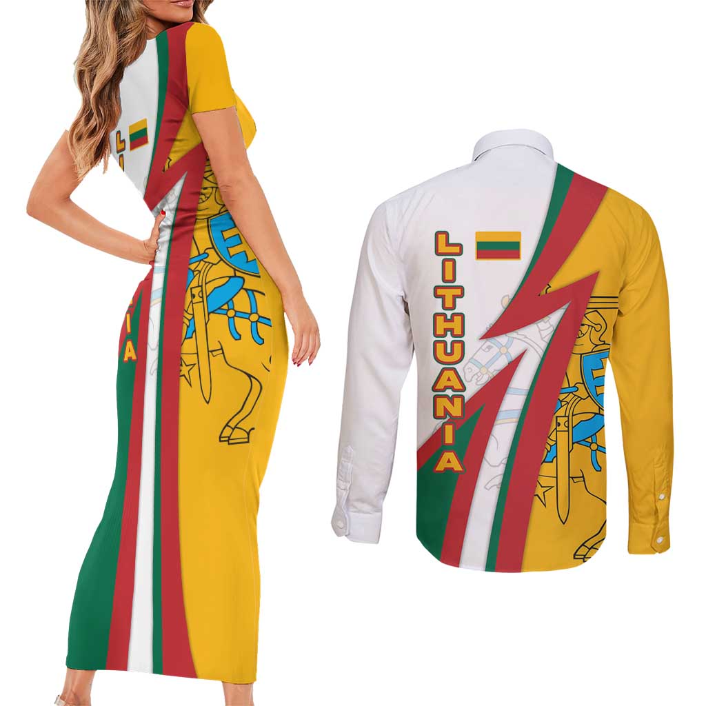 Lithuania Flag Colors Couples Matching Short Sleeve Bodycon Dress and Long Sleeve Button Shirt with Vytis Knight Design and Bold Lightning Motif - Wonder Print Shop