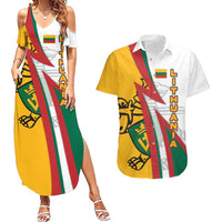 Lithuania Flag Colors Couples Matching Summer Maxi Dress and Hawaiian Shirt with Vytis Knight Design and Bold Lightning Motif - Wonder Print Shop