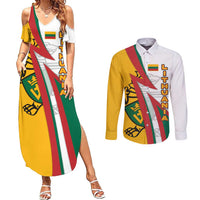 Lithuania Flag Colors Couples Matching Summer Maxi Dress and Long Sleeve Button Shirt with Vytis Knight Design and Bold Lightning Motif - Wonder Print Shop