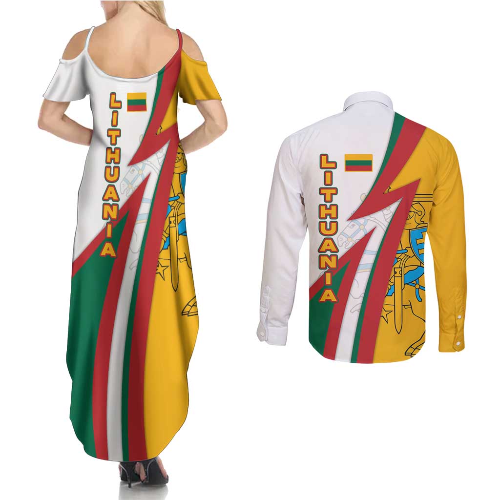 Lithuania Flag Colors Couples Matching Summer Maxi Dress and Long Sleeve Button Shirt with Vytis Knight Design and Bold Lightning Motif - Wonder Print Shop