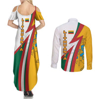 Lithuania Flag Colors Couples Matching Summer Maxi Dress and Long Sleeve Button Shirt with Vytis Knight Design and Bold Lightning Motif - Wonder Print Shop