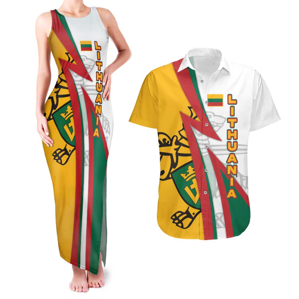 Lithuania Flag Colors Couples Matching Tank Maxi Dress and Hawaiian Shirt with Vytis Knight Design and Bold Lightning Motif - Wonder Print Shop