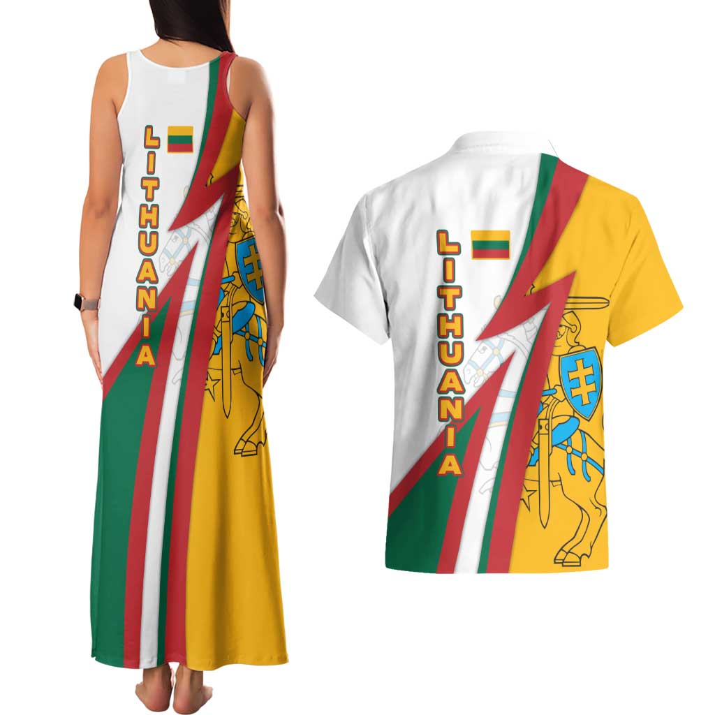 Lithuania Flag Colors Couples Matching Tank Maxi Dress and Hawaiian Shirt with Vytis Knight Design and Bold Lightning Motif - Wonder Print Shop