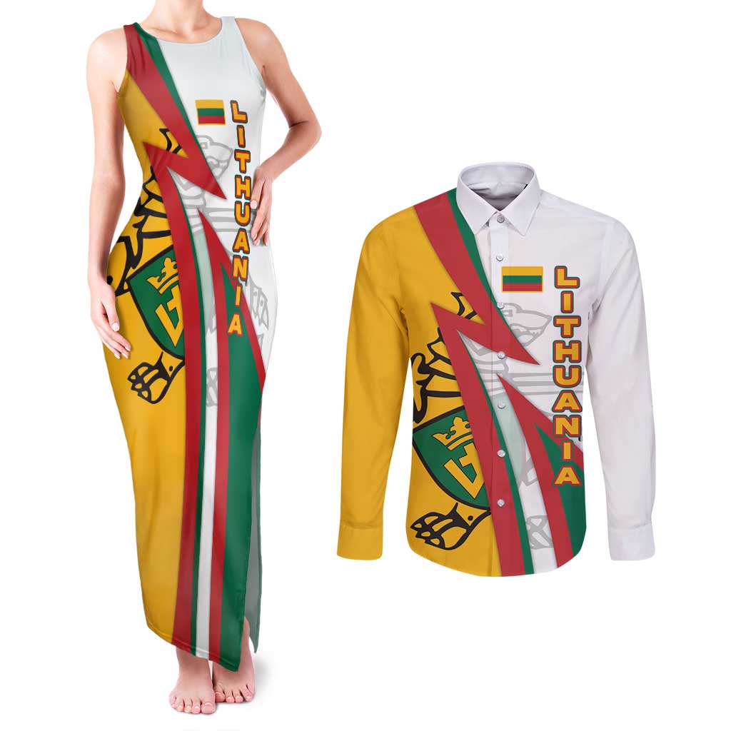 Lithuania Flag Colors Couples Matching Tank Maxi Dress and Long Sleeve Button Shirt with Vytis Knight Design and Bold Lightning Motif - Wonder Print Shop
