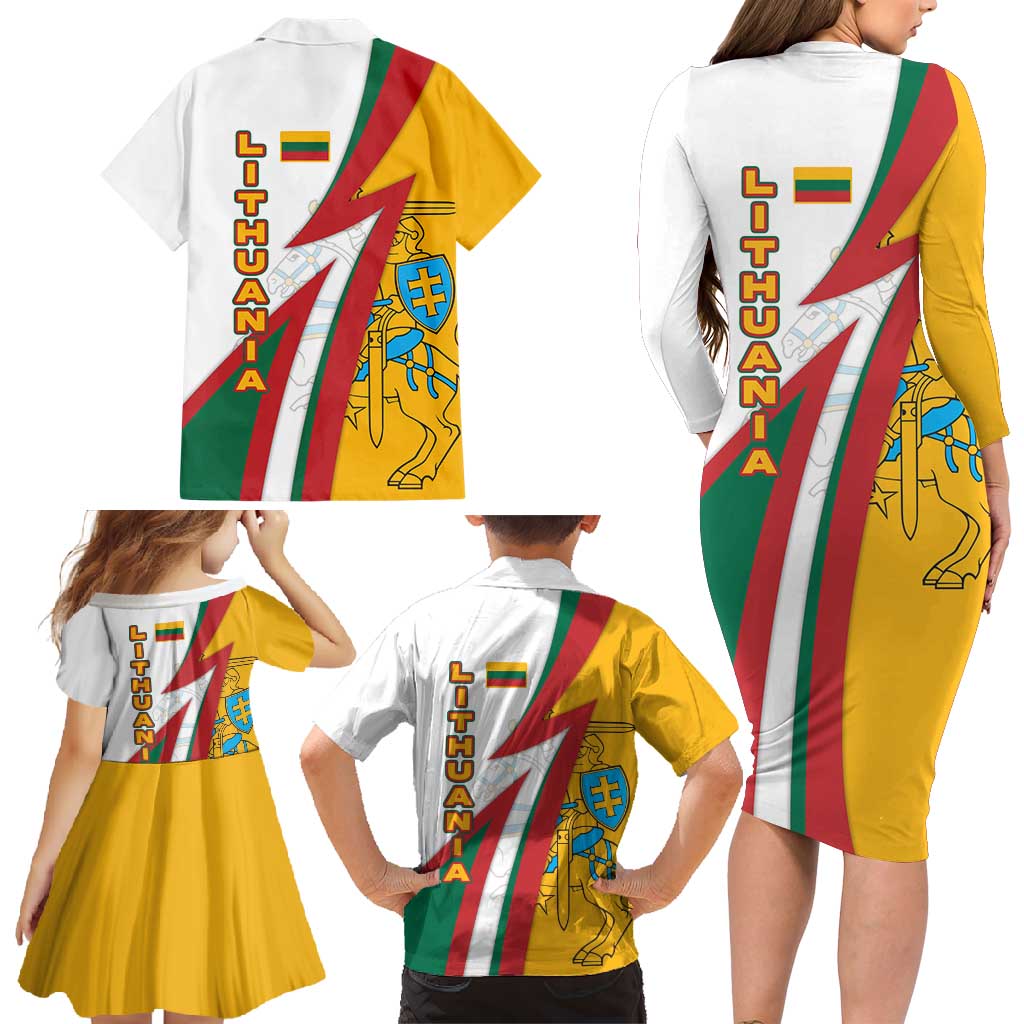 Lithuania Flag Colors Family Matching Long Sleeve Bodycon Dress and Hawaiian Shirt with Vytis Knight Design and Bold Lightning Motif - Wonder Print Shop