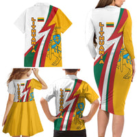 Lithuania Flag Colors Family Matching Long Sleeve Bodycon Dress and Hawaiian Shirt with Vytis Knight Design and Bold Lightning Motif - Wonder Print Shop