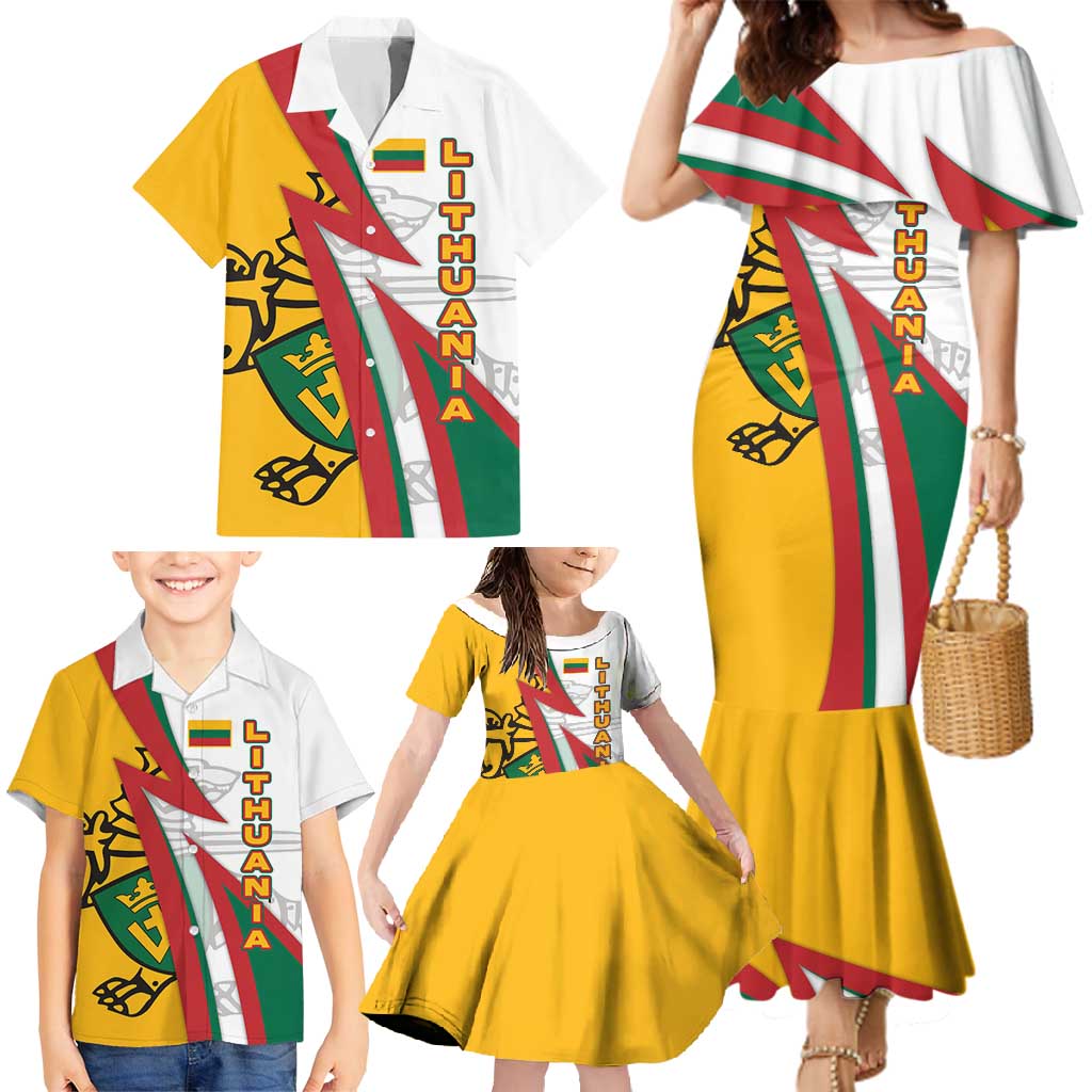 Lithuania Flag Colors Family Matching Mermaid Dress and Hawaiian Shirt with Vytis Knight Design and Bold Lightning Motif - Wonder Print Shop