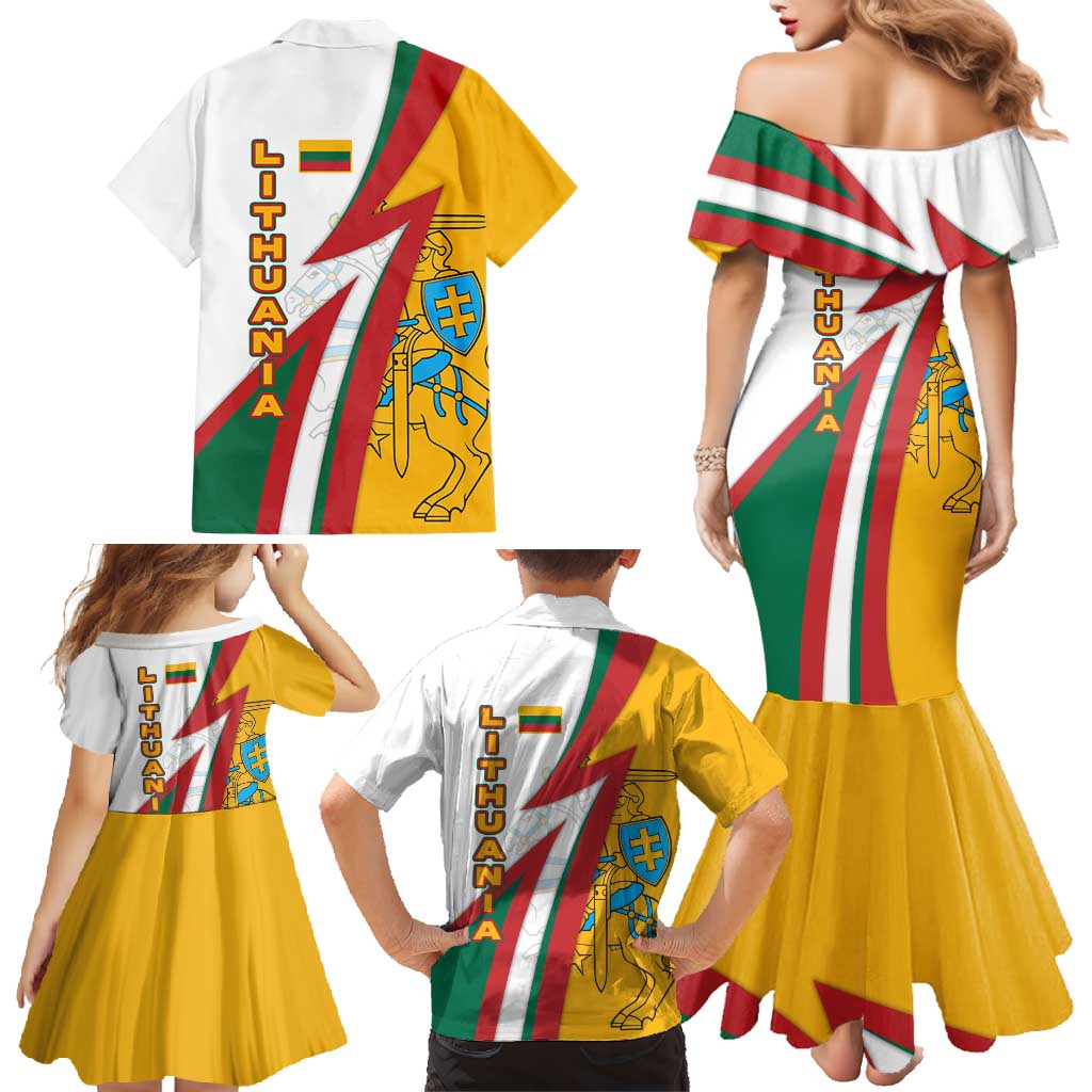 Lithuania Flag Colors Family Matching Mermaid Dress and Hawaiian Shirt with Vytis Knight Design and Bold Lightning Motif - Wonder Print Shop