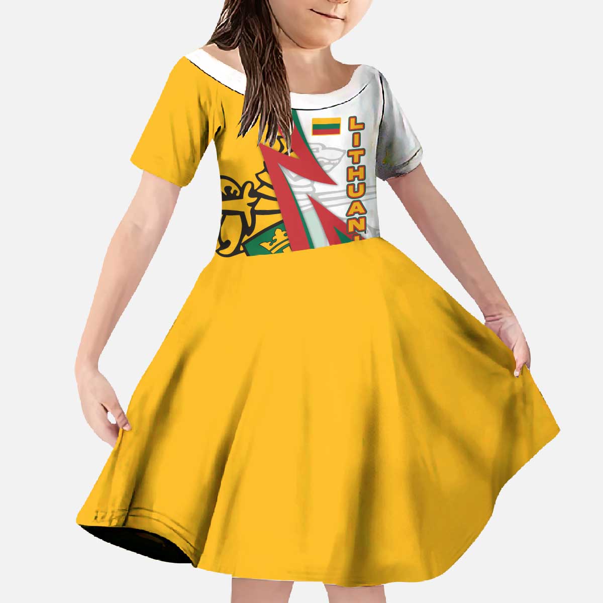 Lithuania Flag Colors Family Matching Off The Shoulder Long Sleeve Dress and Hawaiian Shirt with Vytis Knight Design and Bold Lightning Motif - Wonder Print Shop