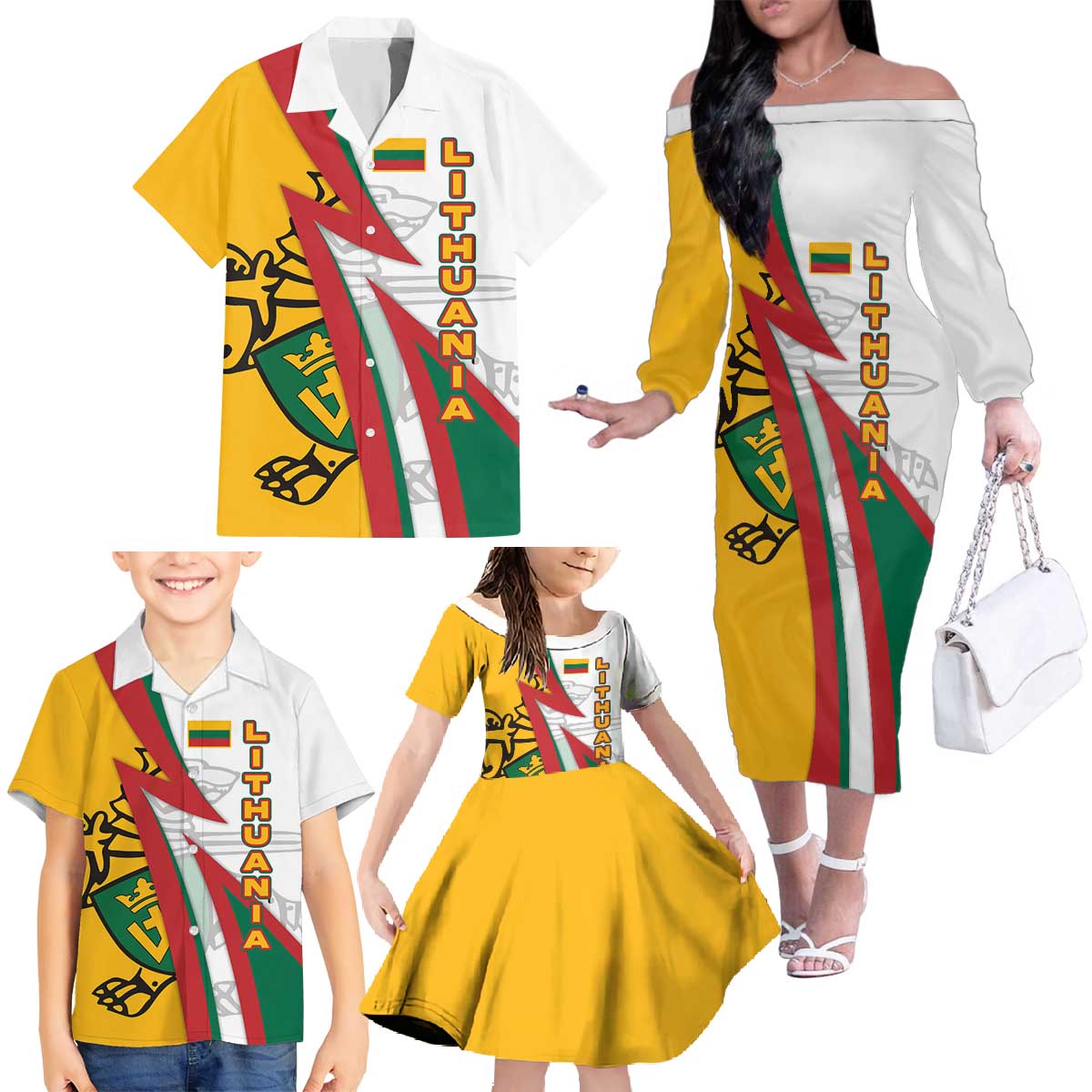 Lithuania Flag Colors Family Matching Off The Shoulder Long Sleeve Dress and Hawaiian Shirt with Vytis Knight Design and Bold Lightning Motif - Wonder Print Shop
