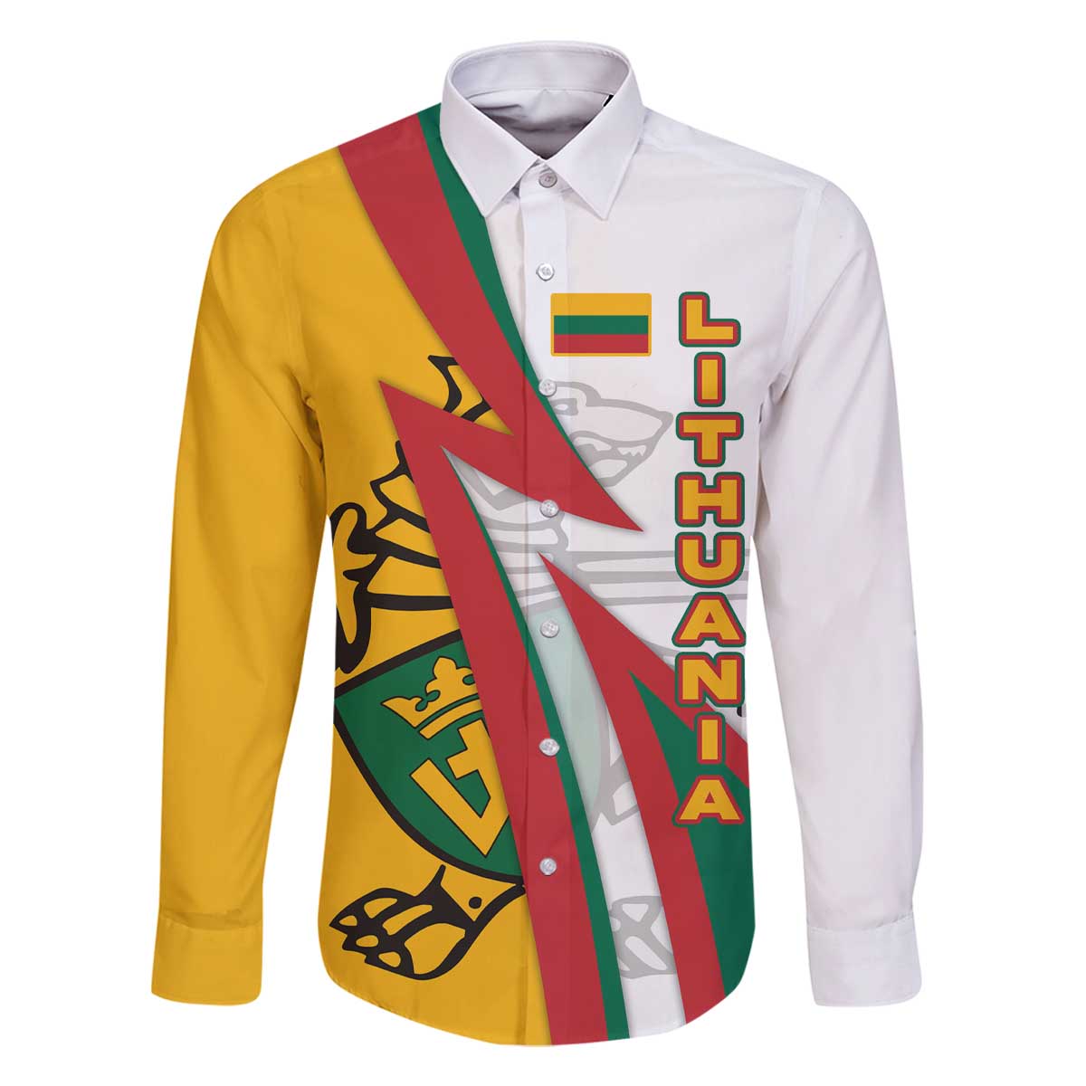Lithuania Flag Colors Family Matching Off The Shoulder Long Sleeve Dress and Hawaiian Shirt with Vytis Knight Design and Bold Lightning Motif - Wonder Print Shop