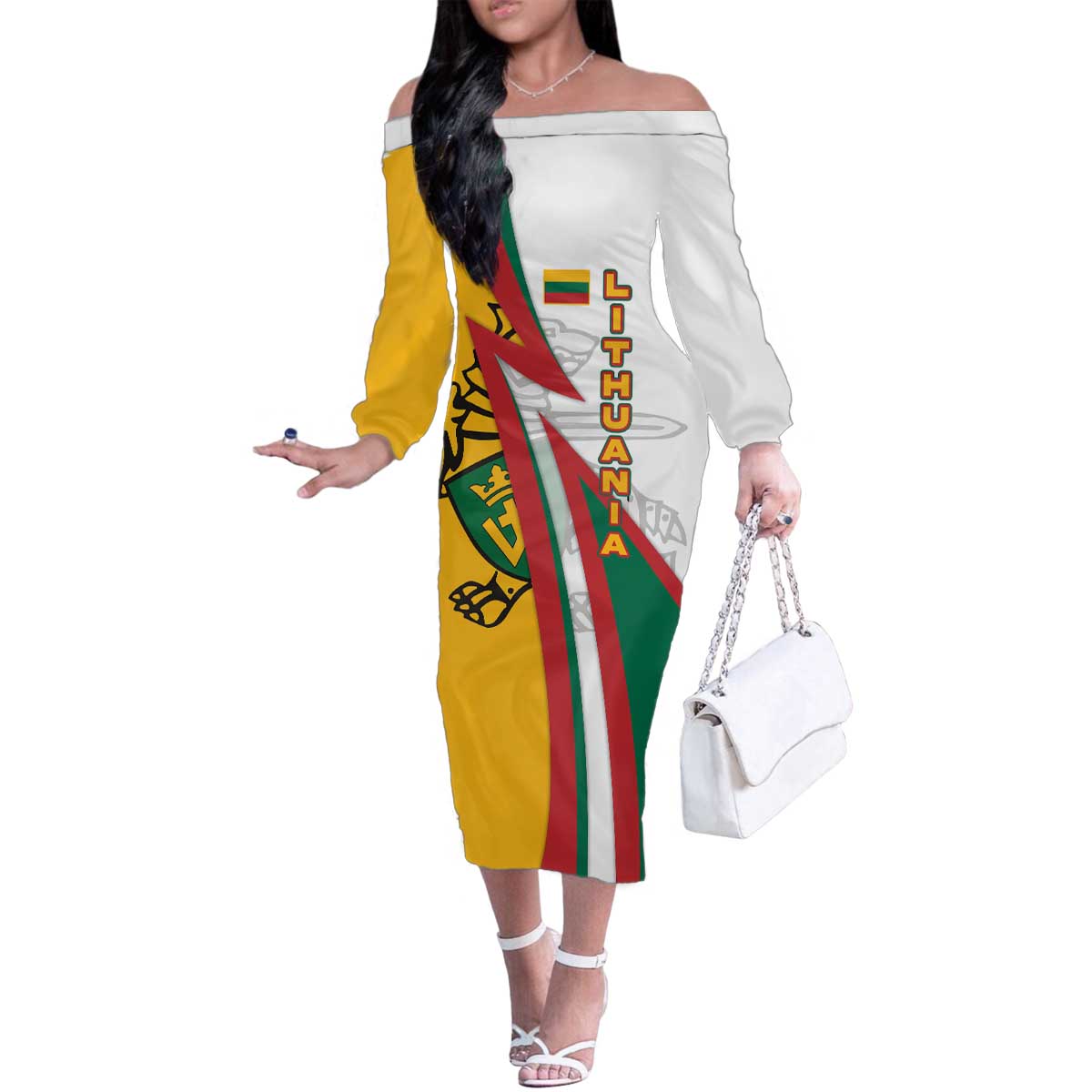 Lithuania Flag Colors Family Matching Off The Shoulder Long Sleeve Dress and Hawaiian Shirt with Vytis Knight Design and Bold Lightning Motif - Wonder Print Shop