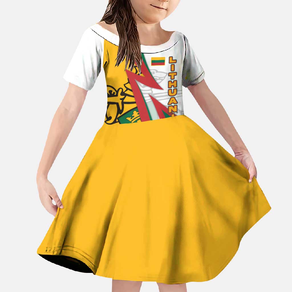 Lithuania Flag Colors Family Matching Off Shoulder Maxi Dress and Hawaiian Shirt with Vytis Knight Design and Bold Lightning Motif - Wonder Print Shop