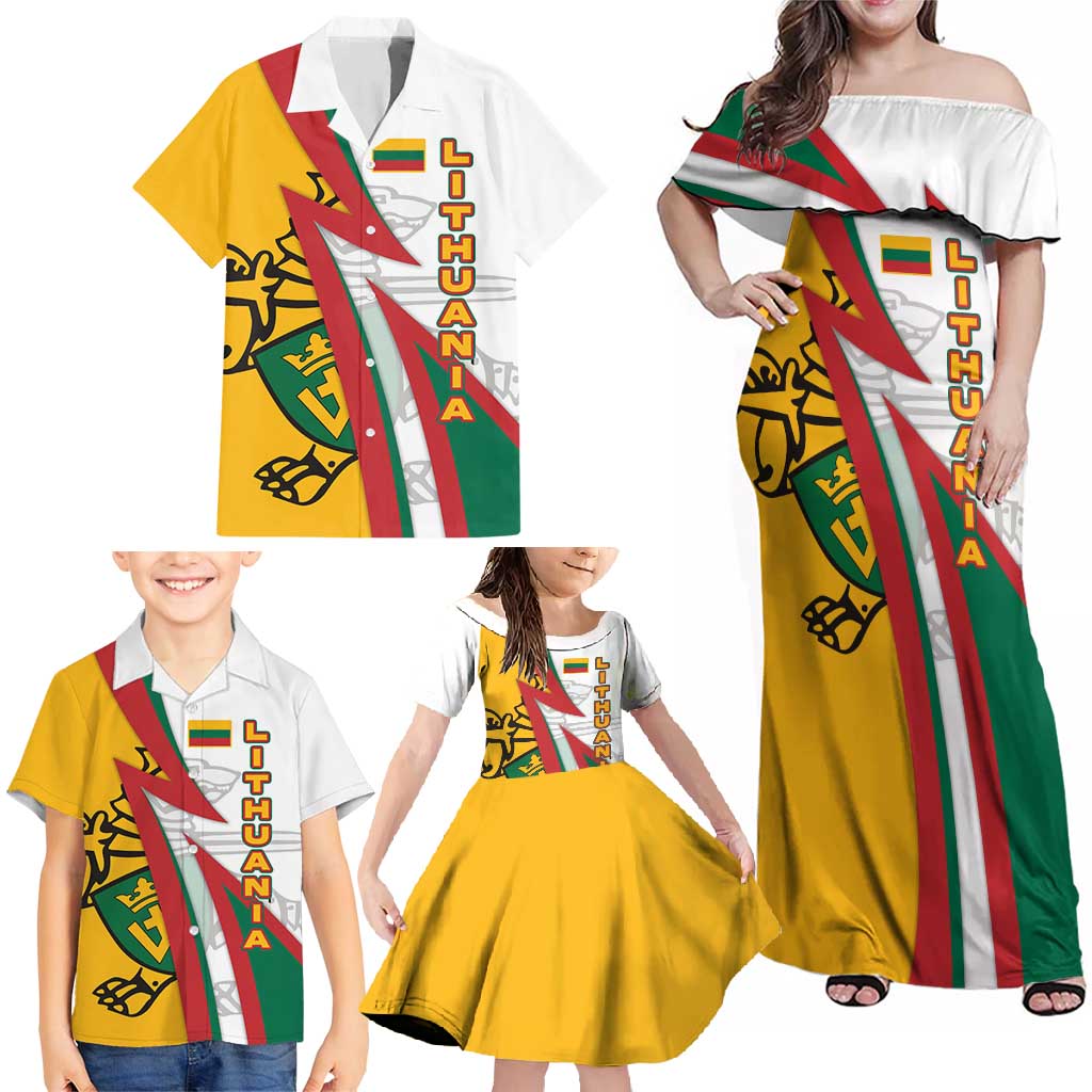 Lithuania Flag Colors Family Matching Off Shoulder Maxi Dress and Hawaiian Shirt with Vytis Knight Design and Bold Lightning Motif - Wonder Print Shop