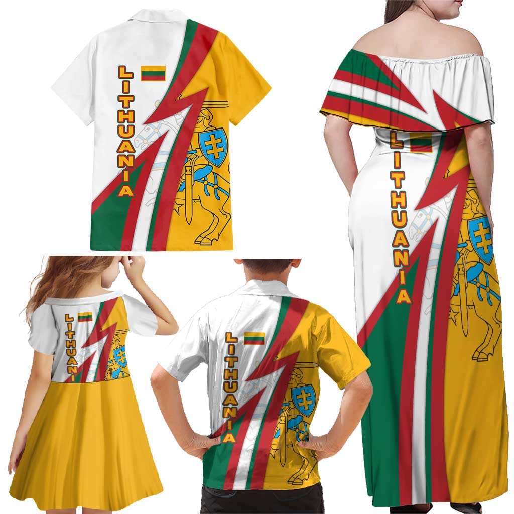 Lithuania Flag Colors Family Matching Off Shoulder Maxi Dress and Hawaiian Shirt with Vytis Knight Design and Bold Lightning Motif - Wonder Print Shop