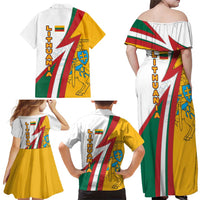 Lithuania Flag Colors Family Matching Off Shoulder Maxi Dress and Hawaiian Shirt with Vytis Knight Design and Bold Lightning Motif - Wonder Print Shop