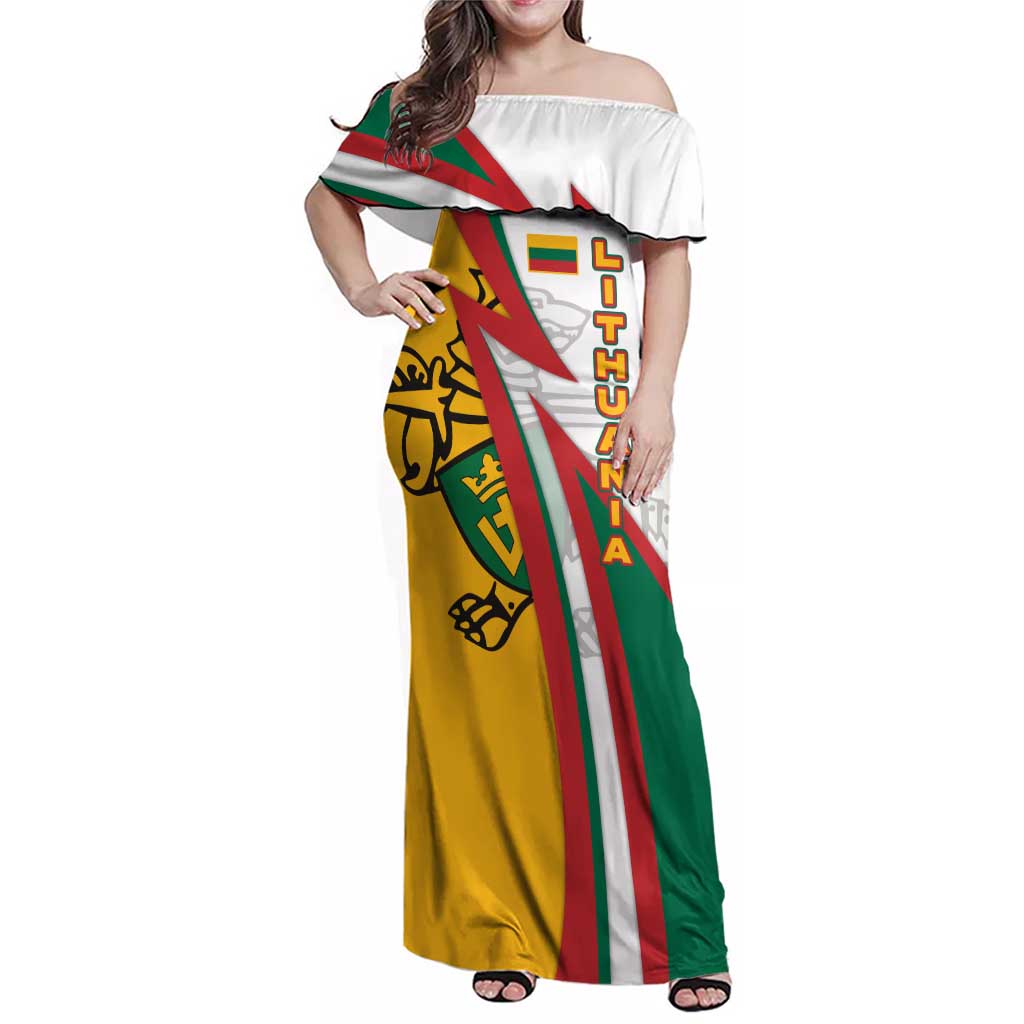 Lithuania Flag Colors Family Matching Off Shoulder Maxi Dress and Hawaiian Shirt with Vytis Knight Design and Bold Lightning Motif - Wonder Print Shop