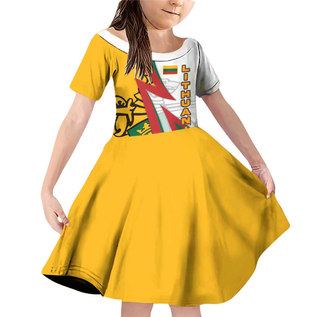 Lithuania Flag Colors Family Matching Off Shoulder Short Dress and Hawaiian Shirt with Vytis Knight Design and Bold Lightning Motif - Wonder Print Shop