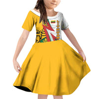 Lithuania Flag Colors Family Matching Off Shoulder Short Dress and Hawaiian Shirt with Vytis Knight Design and Bold Lightning Motif - Wonder Print Shop