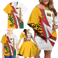 Lithuania Flag Colors Family Matching Off Shoulder Short Dress and Hawaiian Shirt with Vytis Knight Design and Bold Lightning Motif - Wonder Print Shop