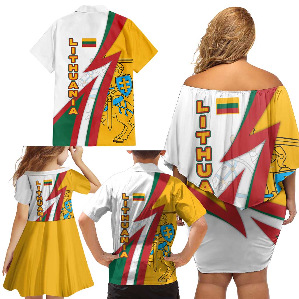 Lithuania Flag Colors Family Matching Off Shoulder Short Dress and Hawaiian Shirt with Vytis Knight Design and Bold Lightning Motif - Wonder Print Shop