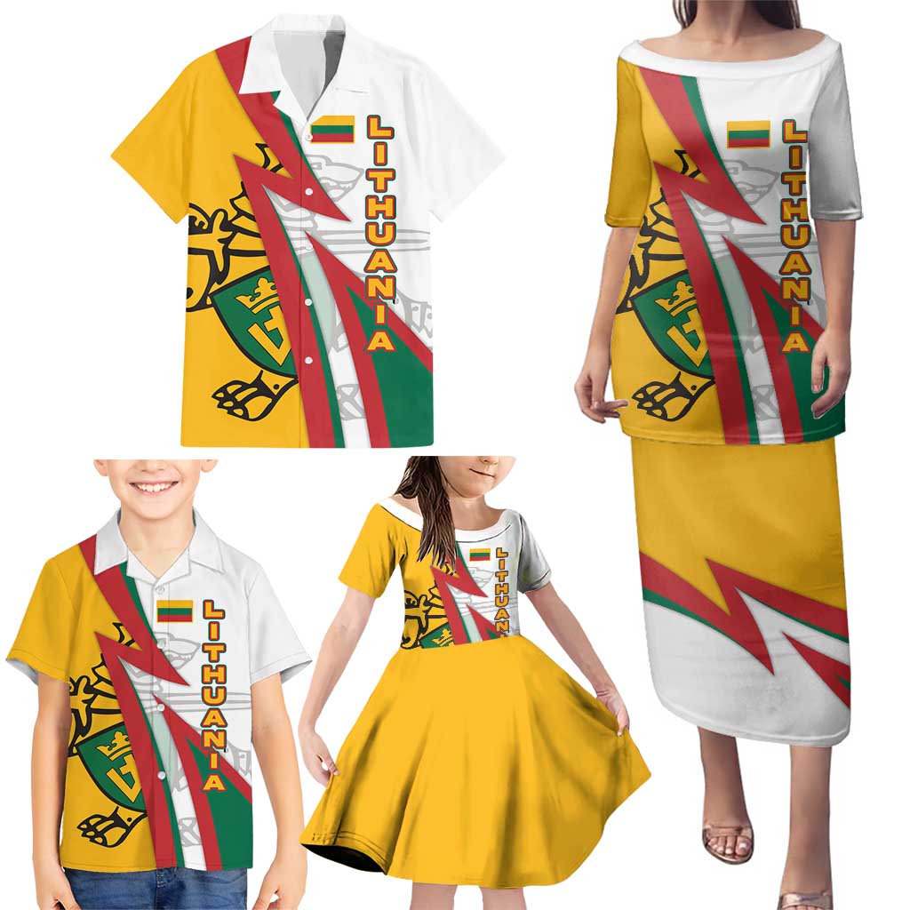 Lithuania Flag Colors Family Matching Puletasi and Hawaiian Shirt with Vytis Knight Design and Bold Lightning Motif - Wonder Print Shop