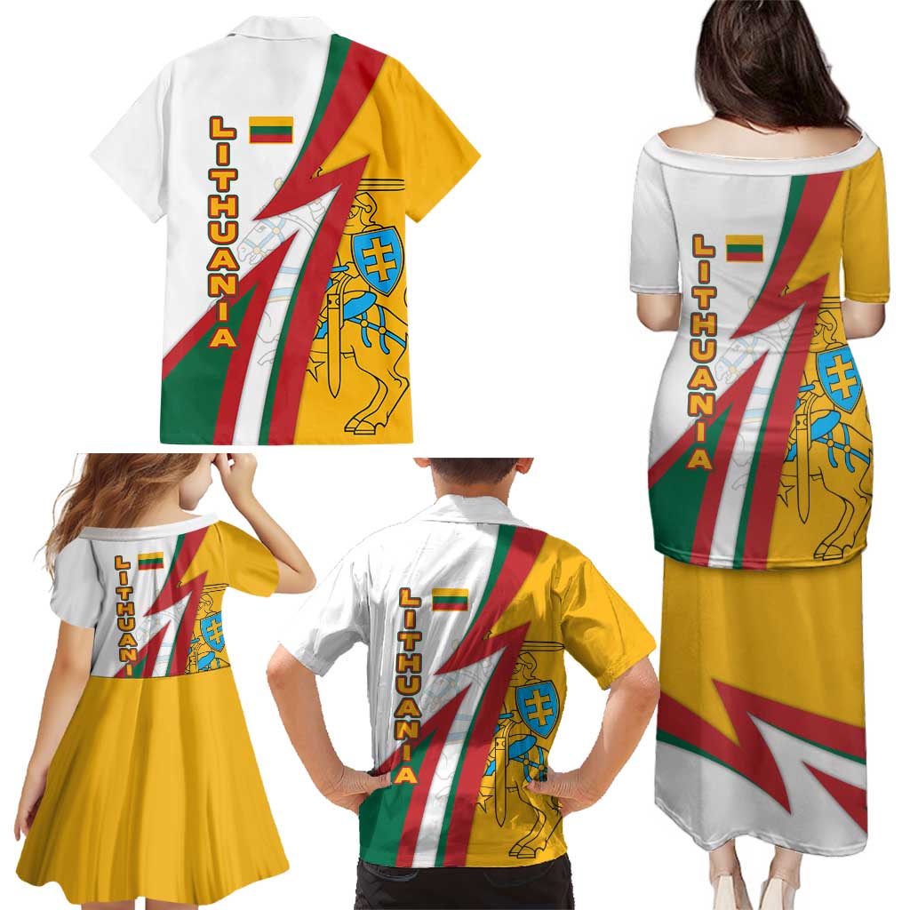 Lithuania Flag Colors Family Matching Puletasi and Hawaiian Shirt with Vytis Knight Design and Bold Lightning Motif - Wonder Print Shop