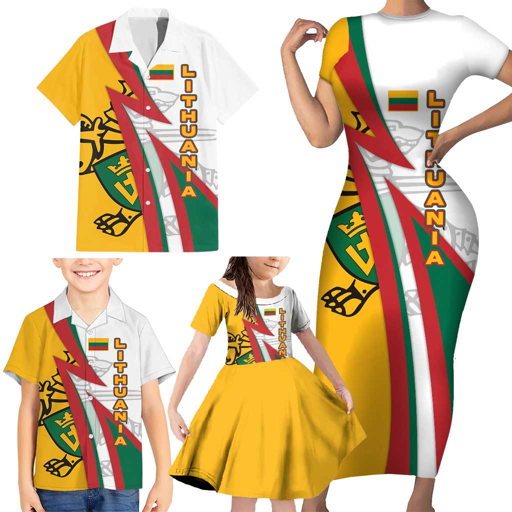 Lithuania Flag Colors Family Matching Short Sleeve Bodycon Dress and Hawaiian Shirt with Vytis Knight Design and Bold Lightning Motif - Wonder Print Shop